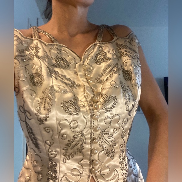 Vintage Satin 20’s 40s Beaded off shoulder top floral flapper bustier ivory grey - Picture 1 of 13